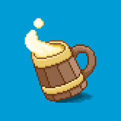 colorful simple flat pixel art illustration of cartoon hand drawn wooden mug with splashing beer