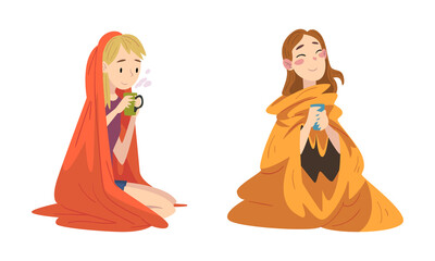 Woman Sitting Covered with Cozy Plaid Enjoying Hot Drink in Mug Vector Set