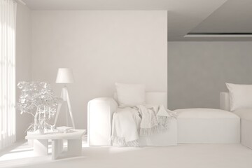 Mock up of minimalist living room in white color with sofa. Scandinavian interior design. 3D illustration