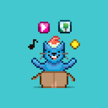 colorful simple flat pixel art illustration of cartoon smiling blue cat in santa red hat sitting in an open cardboard box, cat juggling symbols overhead musical note, video player, picture and coin
