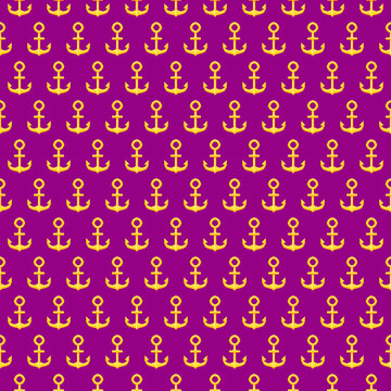 simple vector pixel art seamless pattern of navy golden luxury ship anchor in the style of retro video games in violet baclground