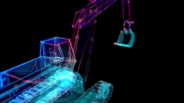 Glowing blue light particles dot formation of Excavator Machine model. Technology motion concept.