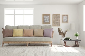 White living room with sofa. Scandinavian interior design. 3D illustration