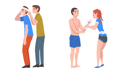 Obraz premium Emergency First Aid Procedure with Man and Woman Helping Victim Bandaging Hand and Head Vector Set