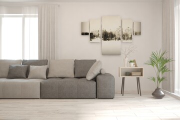 White living room with sofa. Scandinavian interior design. 3D illustration