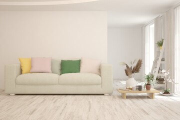 White living room with sofa. Scandinavian interior design. 3D illustration