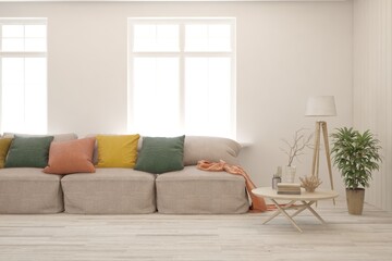 White living room with sofa. Scandinavian interior design. 3D illustration