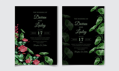 Elegant wedding invitation card set template with beautiful flowers and leaves. Editable premium vector template