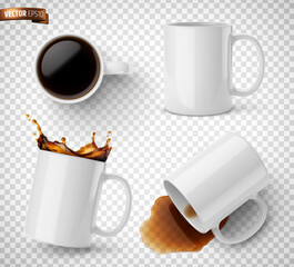 Vector realistic illustration of white ceramic coffee mugs on a transparent background. - 478088519