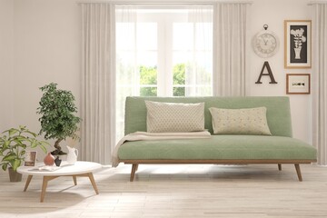 White living room with sofa and summer landscape in window. Scandinavian interior design. 3D illustration