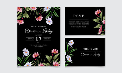 Fototapeta na wymiar Elegant wedding invitation card set template with beautiful flowers and leaves. Editable premium vector template