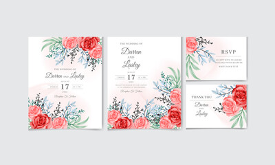 Fototapeta na wymiar Wedding invitation card set with abstract and pink flower watercolor background. Editable premium vector template