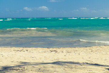 Travel concept. Turquoise ocean and sand beach landscape. 