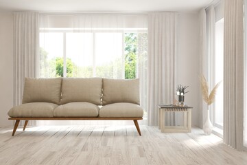 White living room with sofa and summer landscape in window. Scandinavian interior design. 3D illustration
