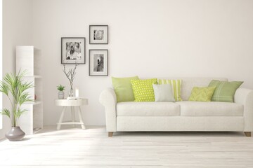 White living room with sofa. Scandinavian interior design. 3D illustration