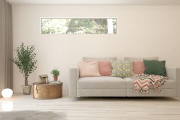 White living room with sofa. Scandinavian interior design. 3D illustration