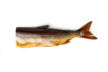 Smoked pink salmon isolated on white background.