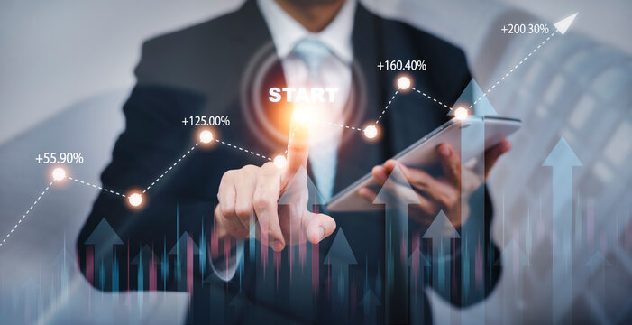 Businessman touch START word on growth data chart arrow with diagram  budget, pointing arrow graph corporate future growth year, Development to success, Stock Market chart. Forex Investment Technology - Powered by Adobe
