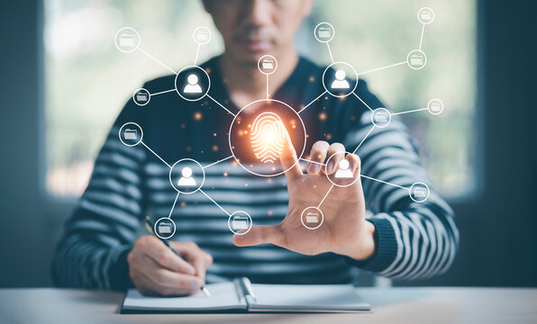 Business touch scan fingerprint of a media screen, internet of things. new technology big data and business process strategy, automate operation, customer service management, online market concept - Powered by Adobe