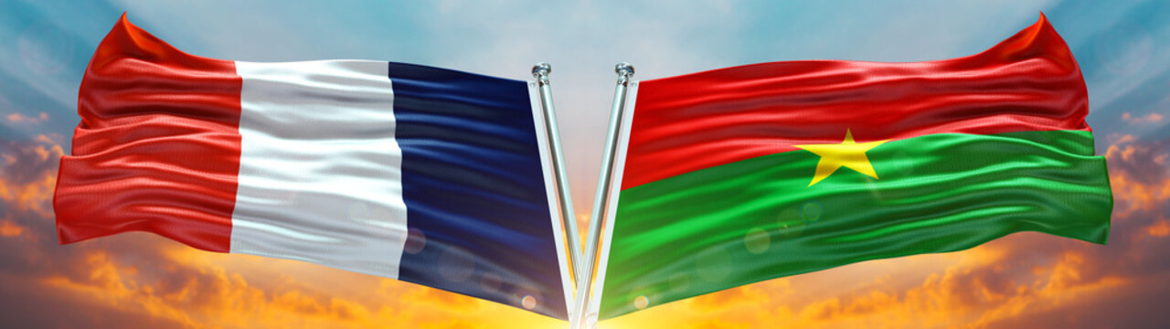 France flag and Burkina Faso Flag waving with texture sky Cloud and sunset Double Flag 