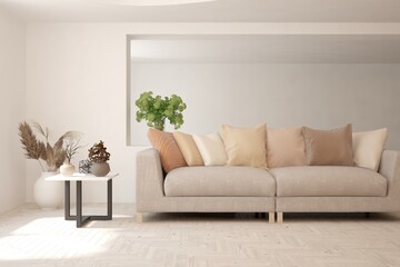 White living room with sofa. Scandinavian interior design. 3D illustration