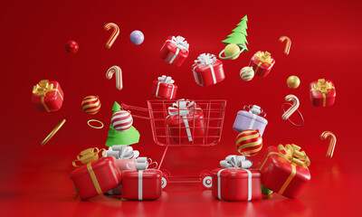 Happy new year 2022 background, red gift boxes with gold bow, decorative balls bauble, greeting card, 3d illustration