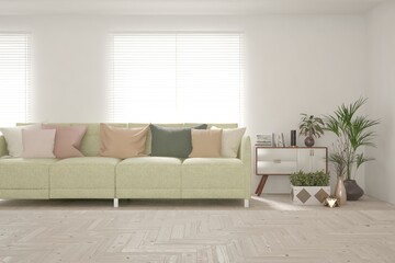 White living room with sofa. Scandinavian interior design. 3D illustration