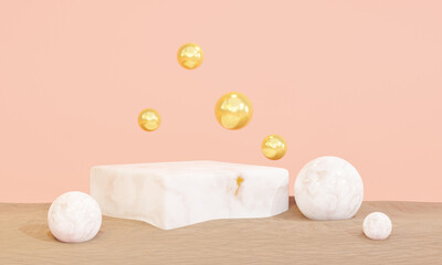 marble podium with marble sphere on pastel background scene for product presentation. Mock up for exhibitions, 3d illustration