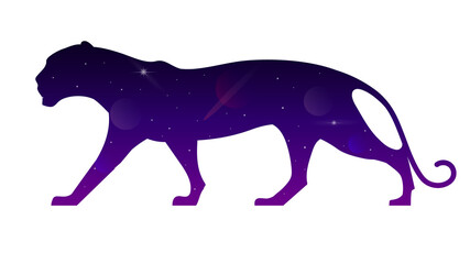 The image of a panther, leopard, tiger against the background of the stars. Multiple exposure