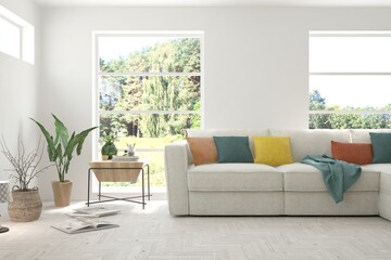 White living room with sofa and summer landscape in window. Scandinavian interior design. 3D illustration