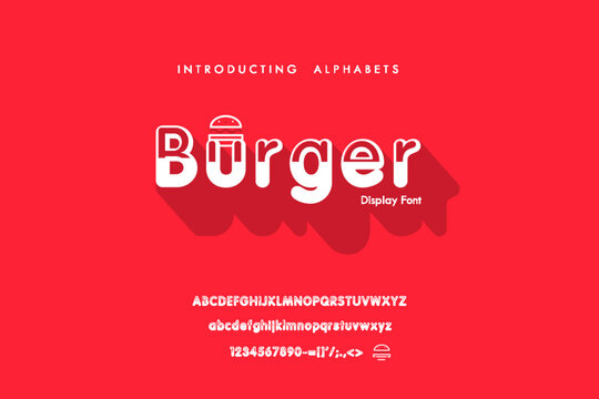 Illustration of Burger logo with hand lettering isolated on a red background. Design concept, template, element, Alphabets font