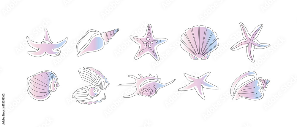 Poster Set of seashells and starfishes. Continuous one line drawing of oyster mollusk with pearl and snail shells in linear style with gradient color. Minimalist outline icon. Doodle Vector illustration
