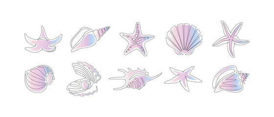 Set of seashells and starfishes. Continuous one line drawing of oyster mollusk with pearl and snail shells in linear style with gradient color. Minimalist outline icon. Doodle Vector illustration