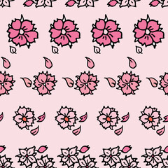 Vector pink background white pink cherry tree flowers and cherry blossom sakura flowers. Seamless pattern background