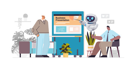 businesspeople and robot helper making presentation in coworking center artificial intelligence technology concept