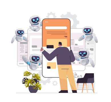 man and robot web developers creating program code on smartphone screen development of software and programming