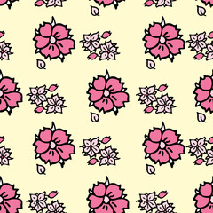 Vector yellow background white pink cherry tree flowers and cherry blossom sakura flowers. Seamless pattern background