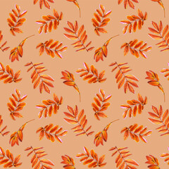 Seamless pattern of twigs with yellow rowan leaves drawn by markers on Dark Salmon background. For fabric, sketchbook, wallpaper, wrapping paper.