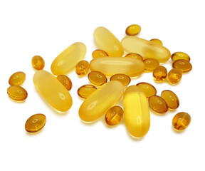 Omega 3 fish oil capsules isolated on a white background
