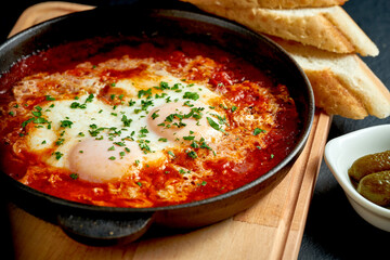 Fried eggs shakshuka in tomato sauce in a frying pan on a white plate on a black background