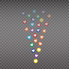 Live like, flying color hearts for stream. Live video and flying likes. Social media elements falling.