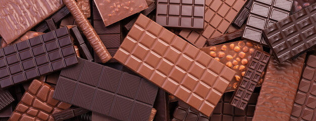 collection chocolate bars, top view. tasty dessert of cocoa products