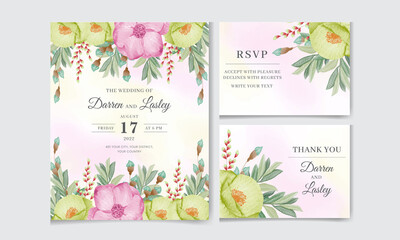 Elegant wedding invitation card set template with beautiful flowers and leaves. Editable premium vector template