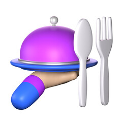 food dish icon with pose serving food, Food serving tray, lunch time concept. 3D rendering