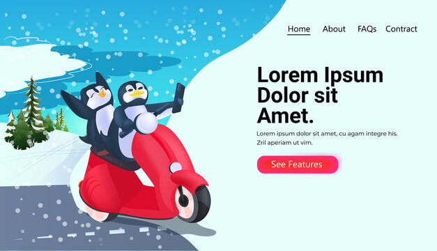 cute penguins riding scooter vinter vacation traveling concept