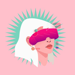 Metaverse or virtual reality concept. Woman in digital glasses. Modern technological entertainment. Trendy vector illustration.