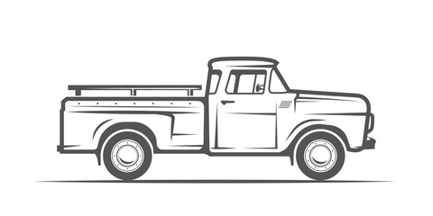 Pickup truck. Vintage vector illustration for logo and emblems. Isolated side view. Classic farm car drawn in a linear style. - obrazy, fototapety, plakaty