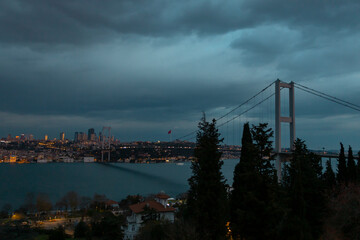 A very beautiful Istanbul bosphorus and bridge view in sunrise. Morning light. Copy paste, text space.