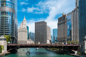 Panorama cityscape of Chicago downtown and River with bridges at day time, Chicago, Illinois, USA....