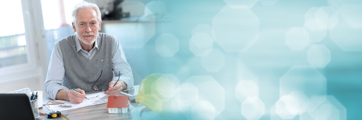 Portrait of senior architect; panoramic banner